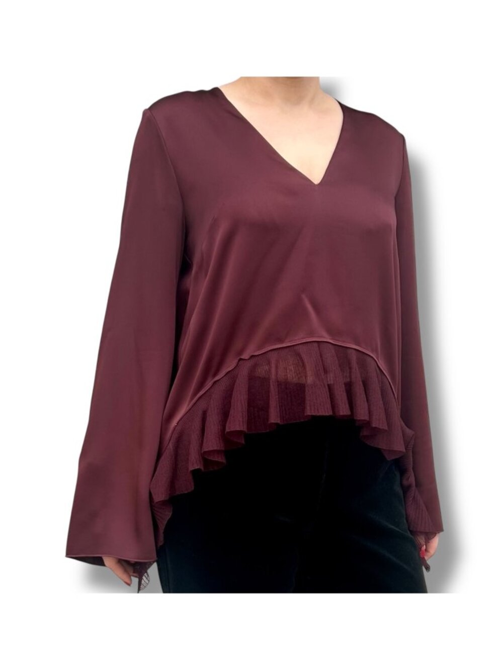 Elizabeth and James Hi Lo Ruffle Burgundy Wine Satin Blouse Burgundy